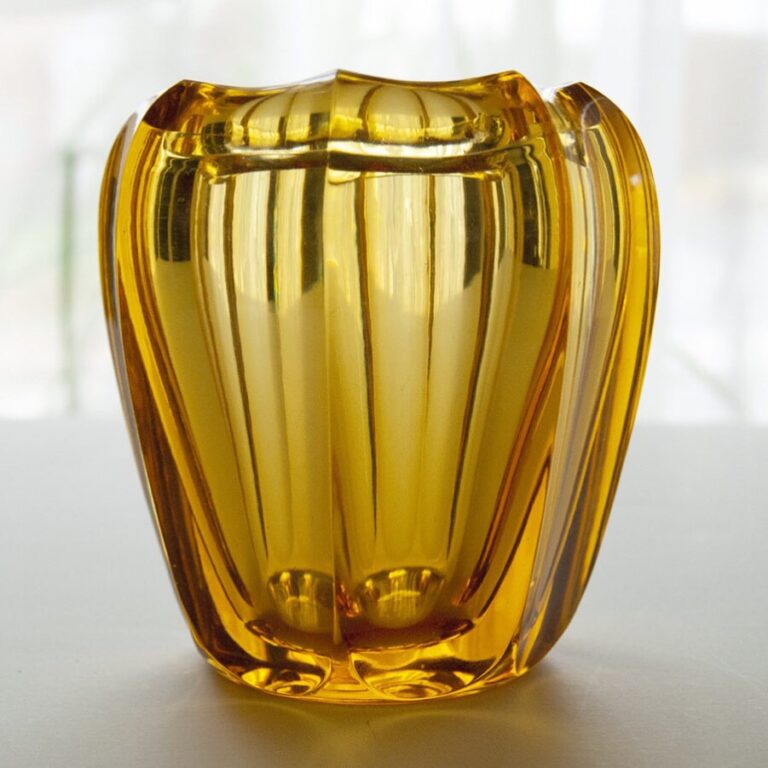 Amber Bohemian Glass Vase, Faceted, Moser Style