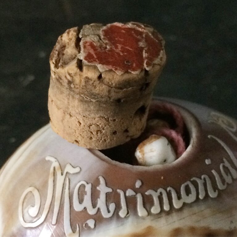 Carved cowrie shell novelty with Frozen Charlotte dolls on a string