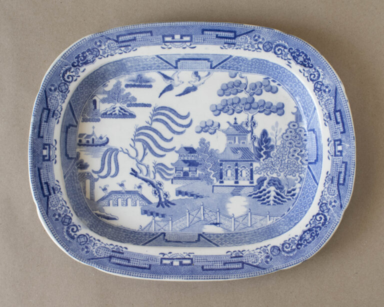 Antique Blue Willow platter, circa 1830, crown mark