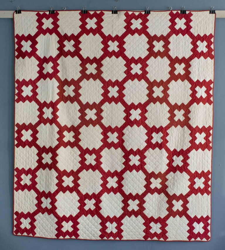 Antique red and white Chimney Sweep pattern quilt, hand-stitched