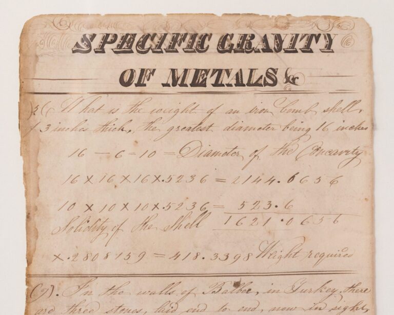 19th-century handwritten penmanship page titled Specific Gravity of Metals