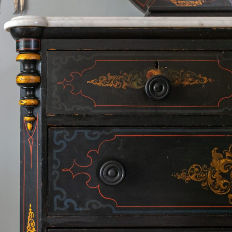 1850s Gothic Revival marble-top chest of drawers with gilt and paint decoration and mirror