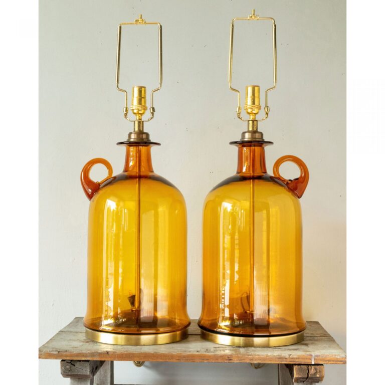 Pair of large amber Blenko blown-glass jug lamps by John Nickerson
