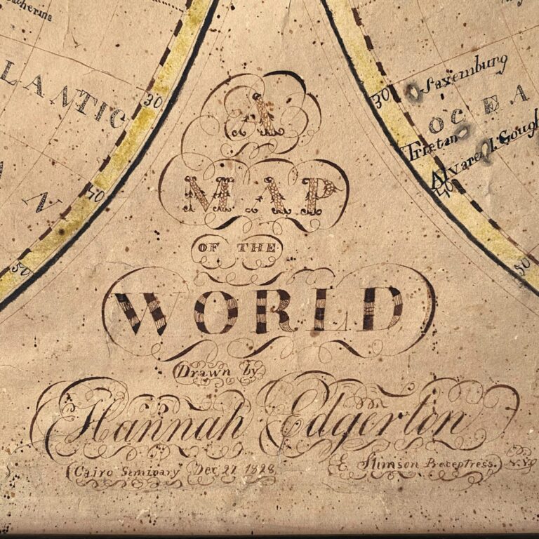 Hand-drawn 1828 school girl map of the world by Hannah Edgerton