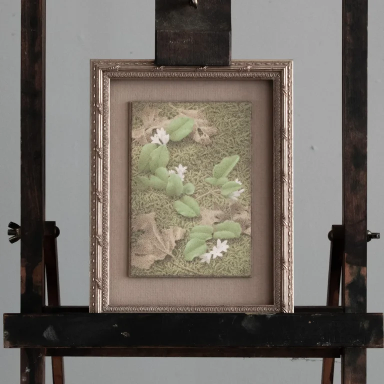 Gail Bunting egg tempera painting, spring beauties in moss