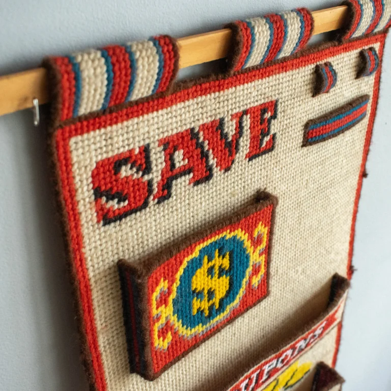 Folk Art “Saver” Wall Pocket, Embroidered