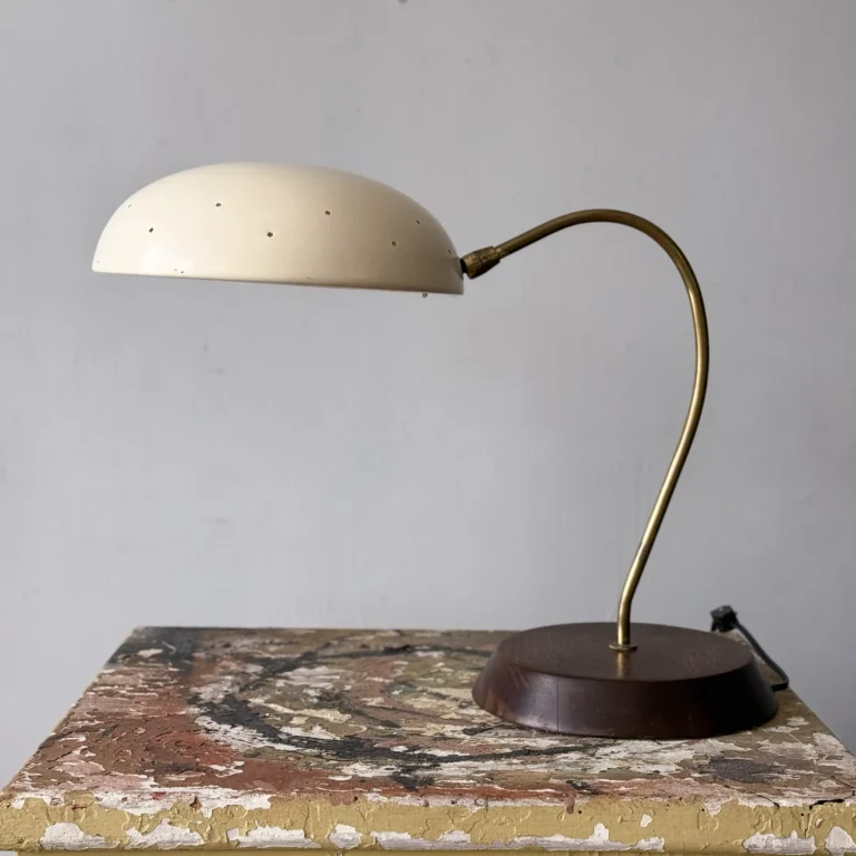 Vintage modern desk lamp with white enamel shade, brass neck and wood base