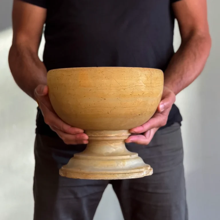 Large antique alabaster footed bowl, natural veining