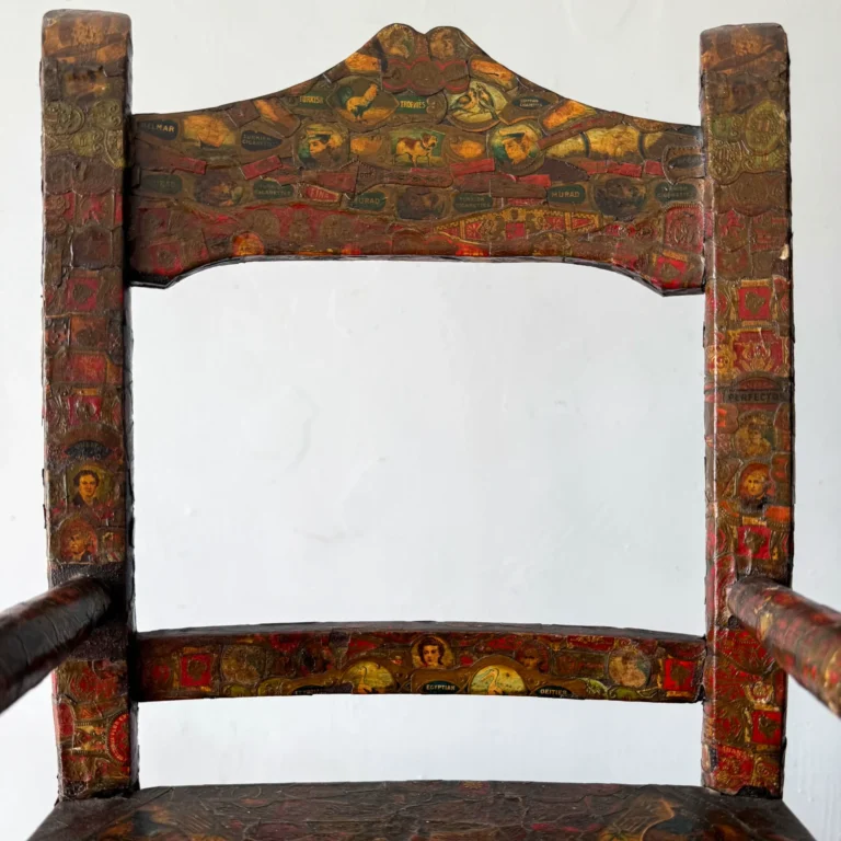 Detail: Child's Cigar band decoupage chair, folk art, circa 1930s