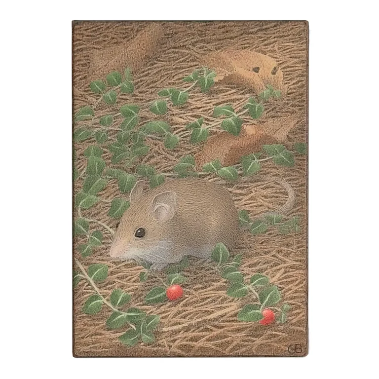 Gail Bunting egg tempera painting of a mouse with berries on forest floor