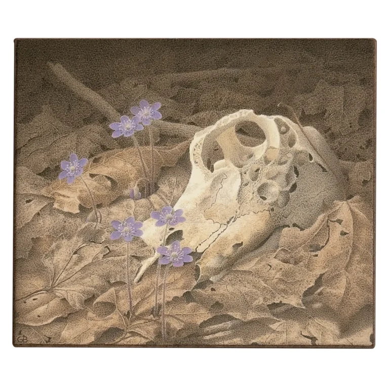 Gail Bunting Egg Tempera Painting of a Deer Skull on Leafy Ground
